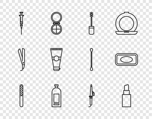 Sticker - Set line Nail file, Lipstick, Mascara brush, Bottle of shampoo, Syringe, Lotion cosmetic tube, Curling iron and Bar soap icon. Vector