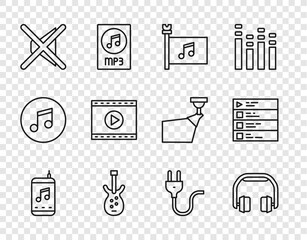 Sticker - Set line Music player, Headphones, festival flag, Electric bass guitar, Speaker mute, Online video, plug and playlist icon. Vector