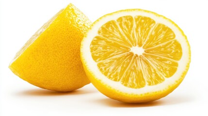 A fresh lemon sliced in half, its vibrant yellow color and juicy interior glistening against a clean white background. The cut side is facing the camera.