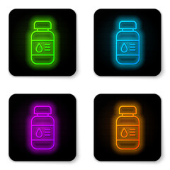 Canvas Print - Glowing neon line Printer ink bottle icon isolated on white background. Black square button. Vector