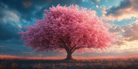 Sticker - A Single Pink-Blossomed Tree Standing Tall Against a Dramatic Sky