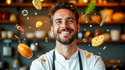 Wall Mural - a joyful chef stands in a modern kitchen, surrounded by flying ingredients like cheese, herbs, and v