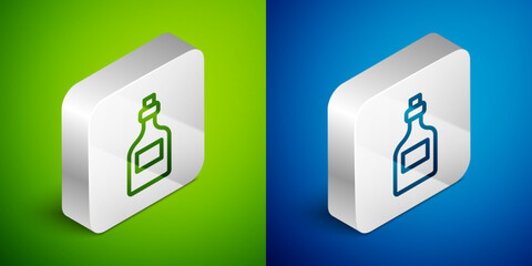 Sticker - Isometric line Alcohol drink Rum bottle icon isolated on green and blue background. Silver square button. Vector