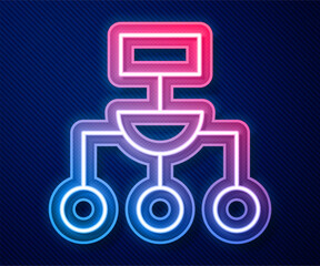 Sticker - Glowing neon line Algorithm icon isolated on blue background. Algorithm symbol design from Artificial Intelligence collection. Vector