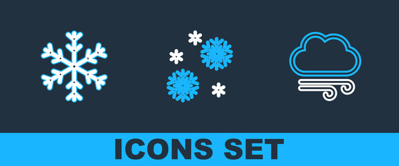 Canvas Print - Set line Windy weather, Snowflake and icon. Vector