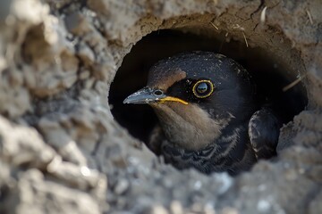 Close-up portrait of a bird looking at the camera from a tree trunk. The watchful eyes of a baby bird waiting to be fed.