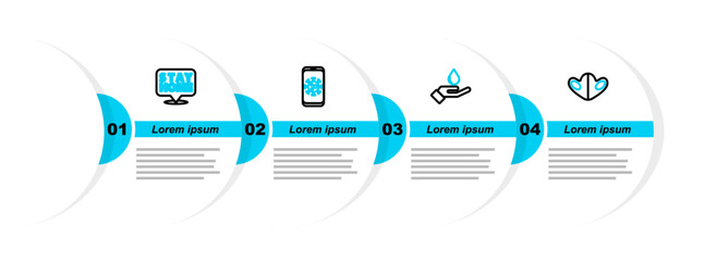 Poster - Set line Medical protective mask, Washing hands with soap, Virus statistics on mobile and Stay home icon. Vector