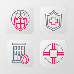 Sticker - Set line Lifebuoy, Fire in burning house, Health insurance and Shield with world globe icon. Vector