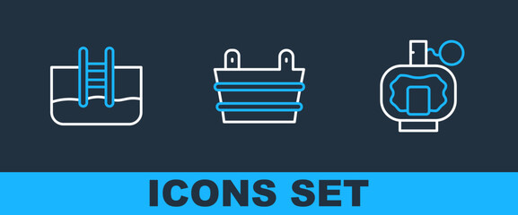 Sticker - Set line Aftershave, Swimming pool with ladder and Sauna bucket icon. Vector