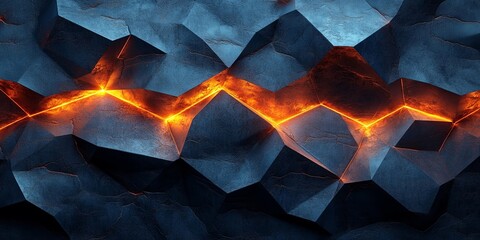 Abstract polygonal background with glowing lines in the dark blue stone surface