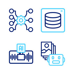 Sticker - Set line Artificial intelligence robot, AI, Server, Data and Neural network icon. Vector