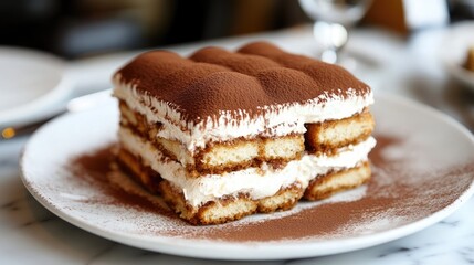 Wall Mural - A beautiful Italian tiramisu dessert, with layers of coffee-soaked ladyfingers and mascarpone, dusted with cocoa powder.