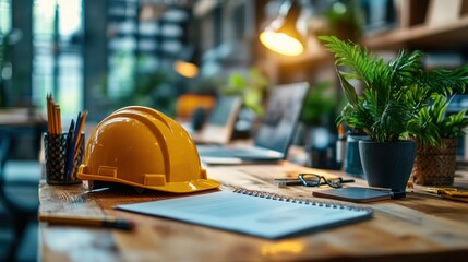 A construction helmet rests on a wooden desk surrounded by plants stationery and technology in a modern workspace setting