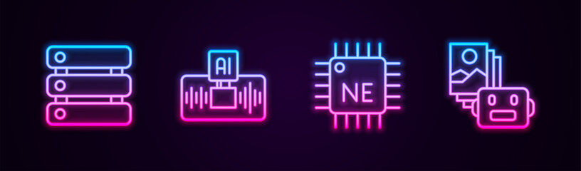 Canvas Print - Set line Server, Data, Artificial intelligence AI, Processor CPU and robot. Glowing neon icon. Vector