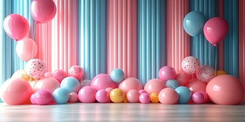 Wall Mural - Pastel Balloons Against a Striped Wall with a Wooden Floor