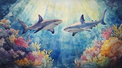 Poster - Watercolor of two sharks swimming through sunbeams in a coral reef 