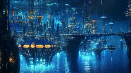 Poster - Underwater City with Futuristic Architecture and Bioluminescent Life