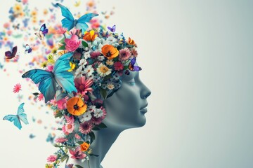 Sticker - A whimsical profile of a woman adorned with colorful flowers and butterflies, symbolizing creativity and nature