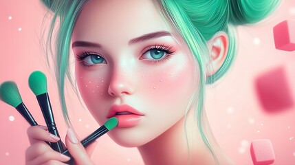 A young woman with vibrant green hair applying makeup with pastel brushes in a soft pink setting during the daytime