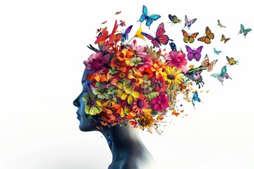 Sticker - A silhouette of a woman s head filled with vibrant flowers and butterflies against a white background