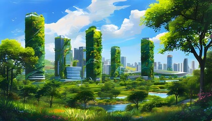 Sticker - Eco-friendly cityscape featuring green architecture, renewable energy innovations, and abundant urban greenery highlighting sustainability and environmental awareness.