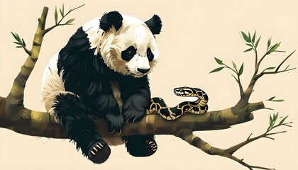 Wall Mural - Panda and snake perched on a tree branch, representing the Pandas Python package for data analysis and manipulation