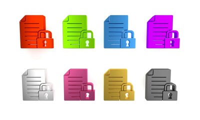 Sticker - Colorful Document and lock icon isolated on white background. File format and padlock. Security, safety, protection concept. Minimalism concept. 3D render illustration