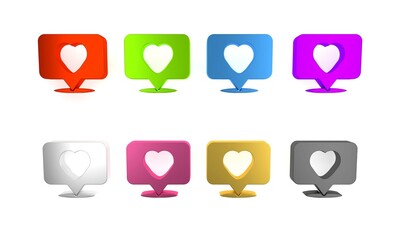 Poster - Colorful Like and heart icon isolated on white background. Counter Notification Icon. Follower Insta. Minimalism concept. 3D render illustration