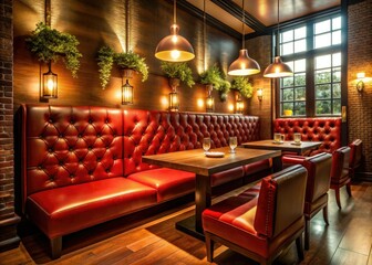 A peaceful retreat awaits in our inviting restaurant booth, where plush red leather seats cradle you in warmth, surrounded by soft lighting and tranquil ambiance.