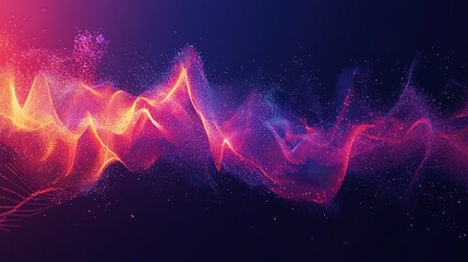 Abstract colorful wavy digital background with glowing particles and lines.