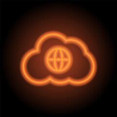 Wall Mural - Globe, cloud simple icon vector. Flat design. Orange neon on black background