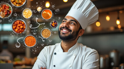 Wall Mural - a cheerful chef stands in a bustling kitchen, contemplating the various spices and ingredients displ