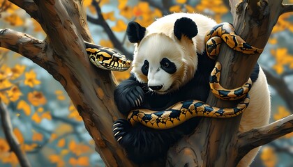 Wall Mural - Panda and Snake in a Tree: A Symbol of Pythons Data Analysis Power, Showcasing Data Manipulation and Handling Complexities