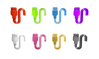 Poster - Colorful USB cable cord icon isolated on white background. Connectors and sockets for PC and mobile devices. Minimalism concept. 3D render illustration