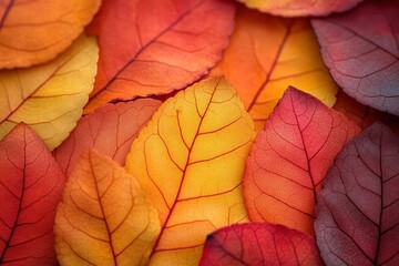 gradient of autumn leaves transitioning from vibrant reds to deep oranges and golden yellows closeup texture showcasing intricate leaf veins and seasonal color palette