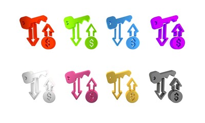 Wall Mural - Colorful Rent key icon isolated on white background. The concept of the house turnkey. Minimalism concept. 3D render illustration