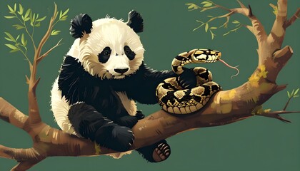 Wall Mural - Panda and snake perched on a tree branch, representing the Pandas Python package for data analysis and manipulation