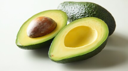 Close-up of cut avocado, pit visible, arranged on clean white surface