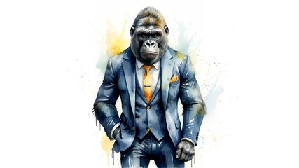 Gorilla in a Suit: A Wild Businessman - a gorilla in a corporate suit, blending the wild and the professional. Humorous watercolor image. Business. Animal. 2