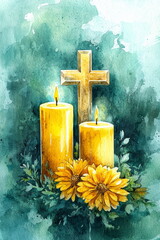 Watercolor illustration with two burning candles, golden cross, and chrysanthemum flowers on green background. For All Saints Day, All Souls Day, Remembrance, funeral background