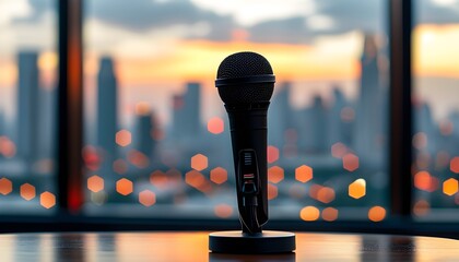 Press conference setup with microphones and a vibrant cityscape backdrop, emphasizing themes of communication, journalism, and public engagement