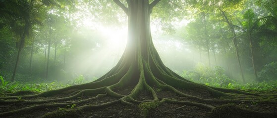 A large tree with its roots visible in the foreground