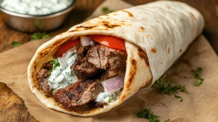 Wall Mural - A fresh Greek gyro wrapped in pita bread, filled with grilled meat, tzatziki sauce, tomatoes, and onions.