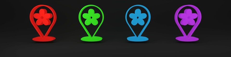 Sticker - Colorful Location with flower icon isolated on black background. Minimalism concept. 3D render illustration