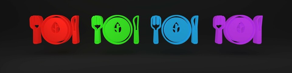 Wall Mural - Colorful Vegan food diet icon isolated on black background. Organic, bio, eco symbol. Vegan, no meat, lactose free, healthy, fresh and nonviolent food. Minimalism concept. 3D render illustration