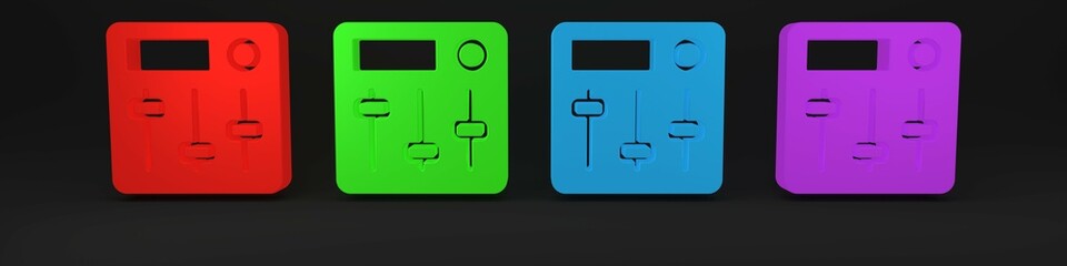 Colorful Sound mixer controller icon isolated on black background. Dj equipment slider buttons. Mixing console. Minimalism concept. 3D render illustration