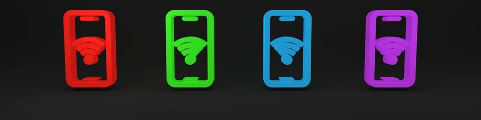 Sticker - Colorful Smartphone with free wi-fi wireless connection icon isolated on black background. Wireless technology, wi-fi connection, wireless network. Minimalism concept. 3D render illustration