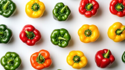 Mixed bell peppers in red, yellow, and green, randomly arranged on white background