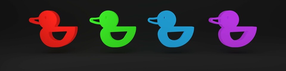 Canvas Print - Colorful Rubber duck icon isolated on black background. Minimalism concept. 3D render illustration