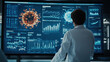 © Xingguo - Medical researcher analyzing disease data on a large screen with graphs, statistics, and maps indicating the spread of a virus, showcasing global health trends and virus outbreak tracking.